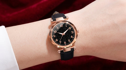 Stylish Classy Designer Black Starry Sky Numeral Dial Leather belt Wrist Watch Girls Fashion Analog Watch