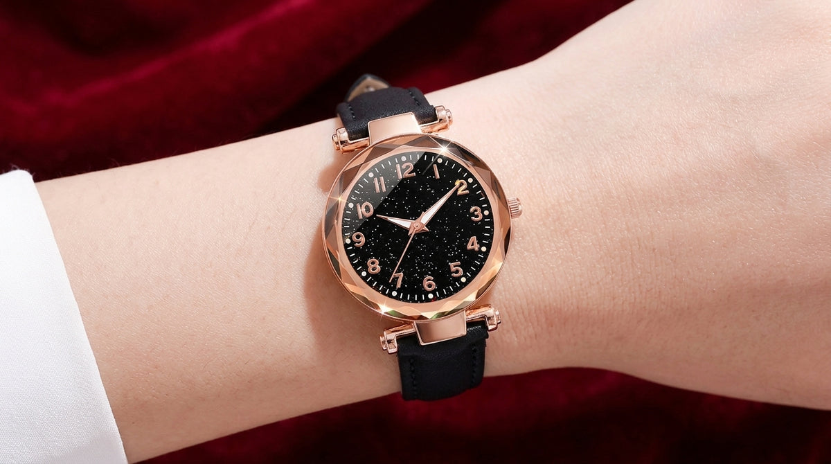 Stylish Classy Designer Black Starry Sky Numeral Dial Leather belt Wrist Watch Girls Fashion Analog Watch