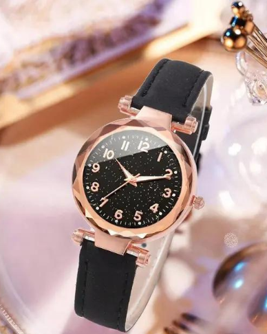 Stylish Classy Designer Black Starry Sky Numeral Dial Leather belt Wrist Watch Girls Fashion Analog Watch